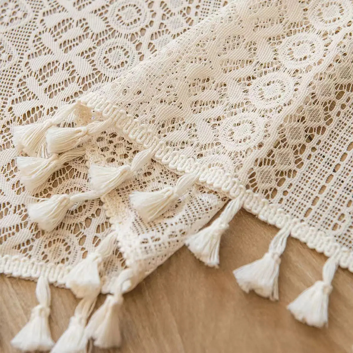 Beige Lace Tassel Cafe Curtain | Circular Pattern Short Valance for Kitchen & Living Room | CD1022