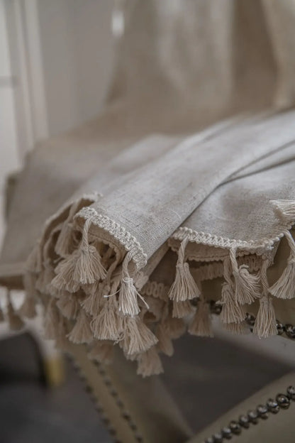 Cream Boho Tassel Window Curtain | 1-Panel Linen-Look Hollow Crochet Drape for Modern Farmhouse & Japandi Living Spaces | CD1021