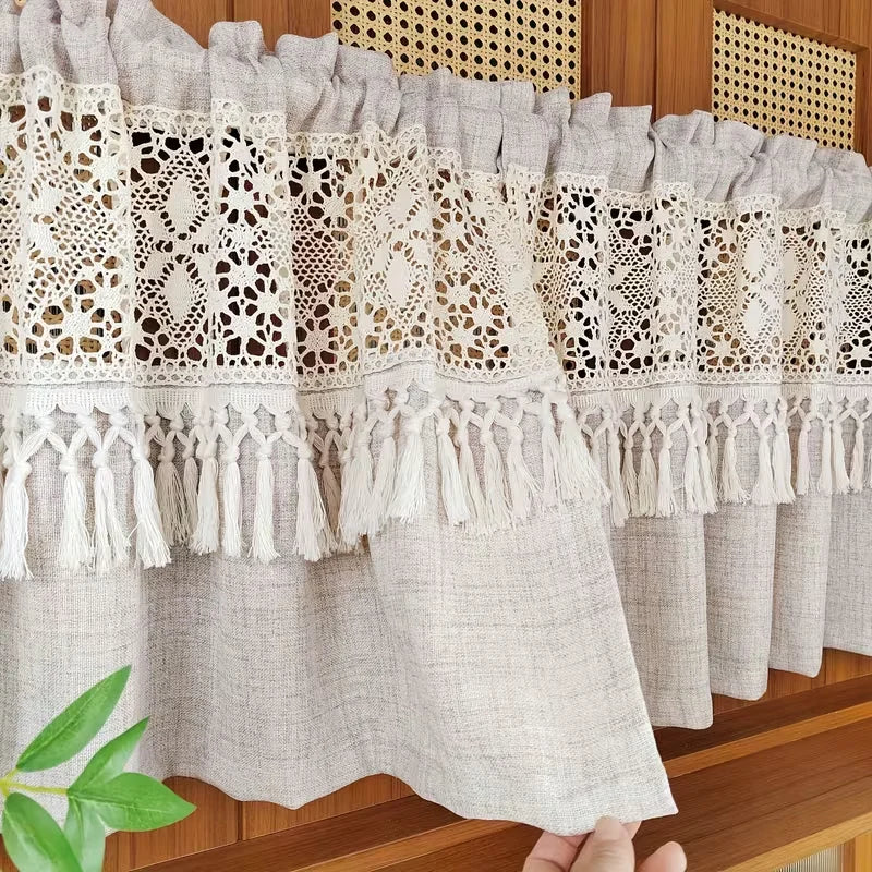 Crochet Lace Tier Curtain with Tassels | Farmhouse Kitchen Valance | CD1043
