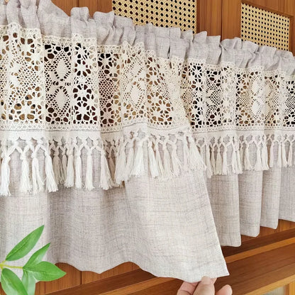 Crochet Lace Tier Curtain with Tassels | Farmhouse Kitchen Valance | CD1043