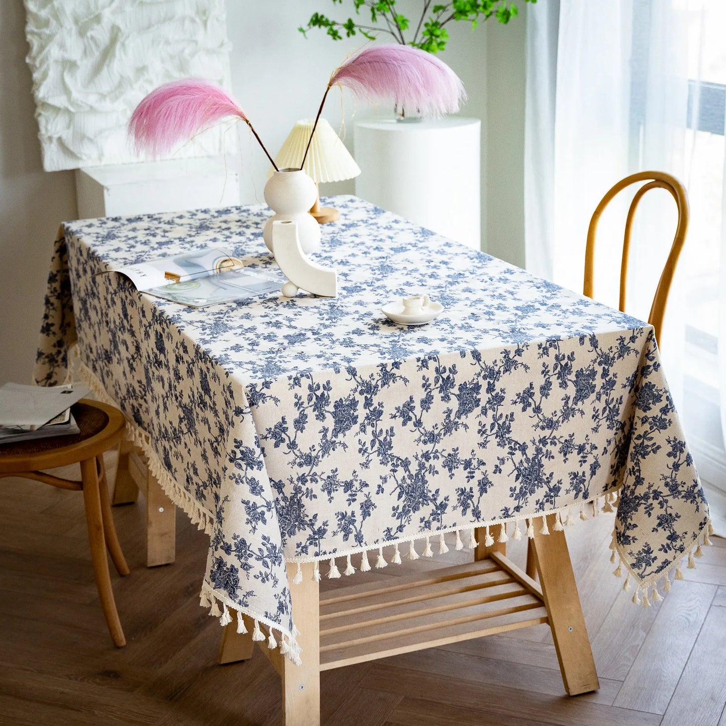 Vintage Floral Cotton Linen Round Tablecloth with Tassels – Washable Rustic Farmhouse Table Cover | CT1002
