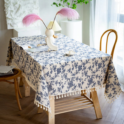Vintage Floral Cotton Linen Round Tablecloth with Tassels – Washable Rustic Farmhouse Table Cover | CT1002