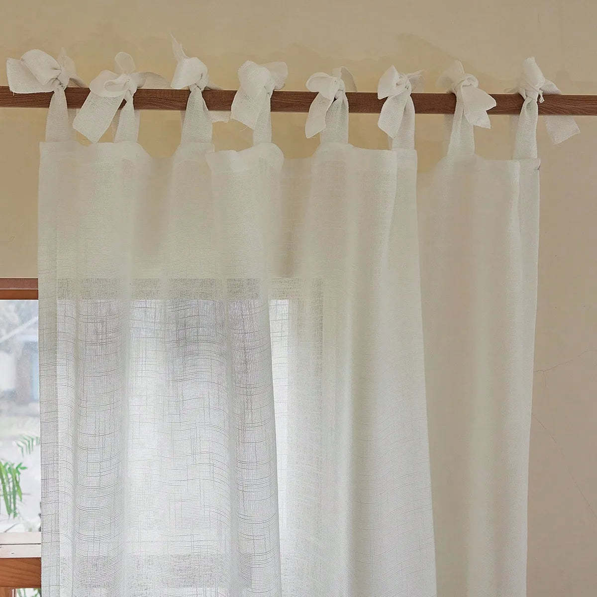 American Pastoral Tie-Top Sheer Curtains – Natural Linen-Textured Translucent Drapes | CD1018