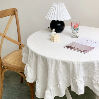 Vintage White Ruffled 100% Cotton Rectangular Tablecloth | CT1003