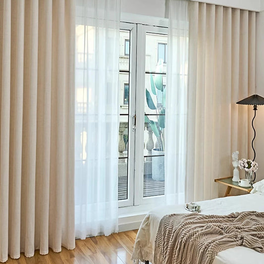 Premium French Retro Beige Linen Curtains | High-End Japanese Style Drapes & Gauze Panels for Bedroom and Living Room | CD1016