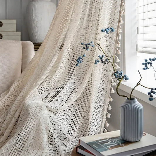 Vintage Boho Macrame Lace Curtain with Tassels – Geometric Striped Light Filtering Rod Pocket Panel | CD1024