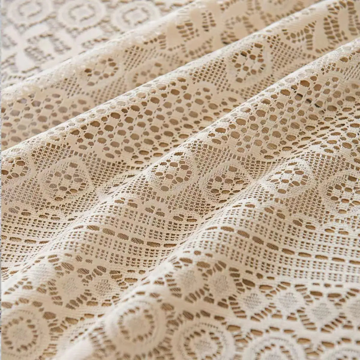 Beige Lace Tassel Cafe Curtain | Circular Pattern Short Valance for Kitchen & Living Room | CD1022