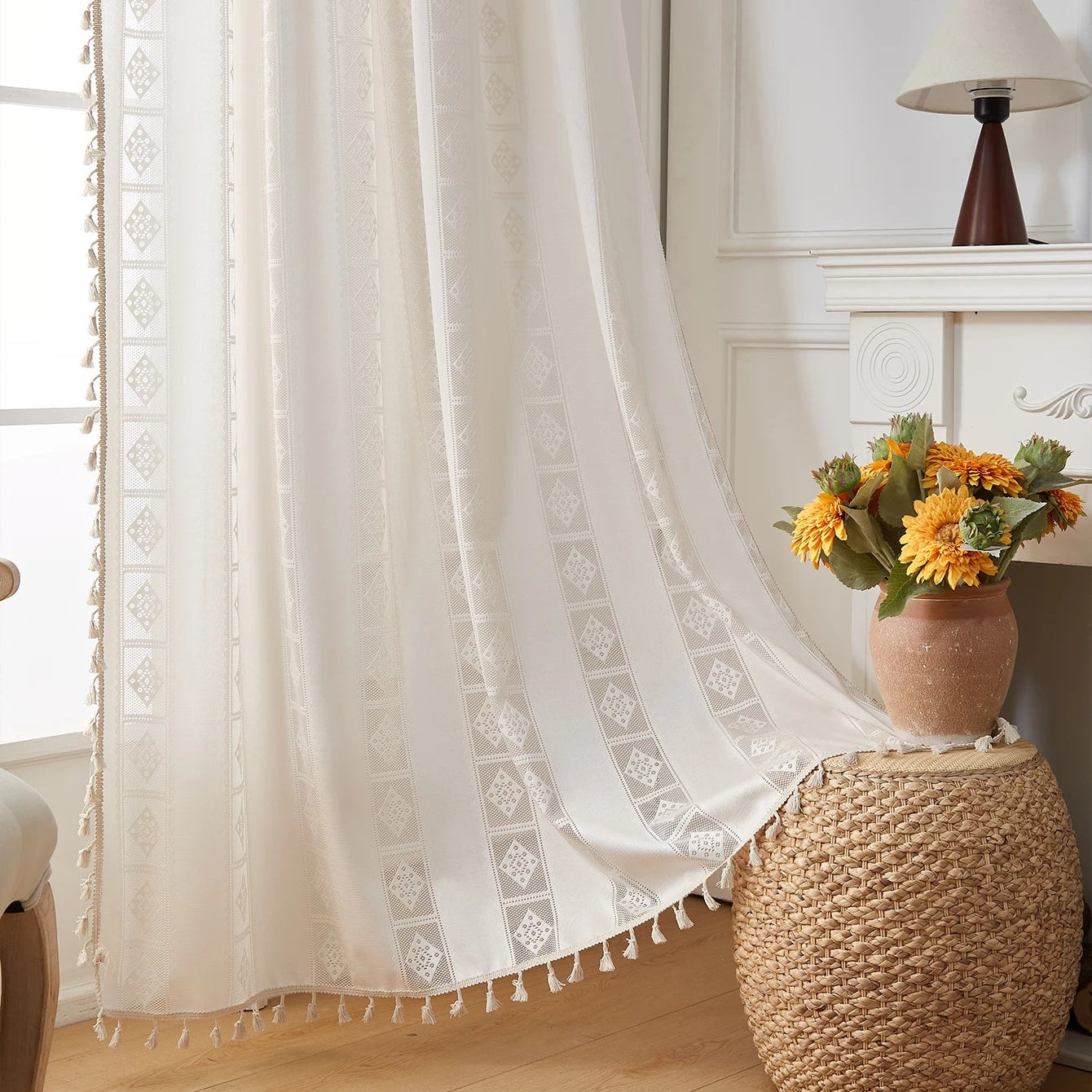 Boho Chic Geometric Crochet Lace Cotton-Blend Curtain Panel with Tassel Fringe, CD1013