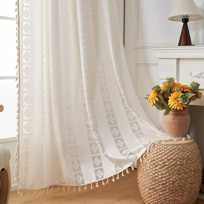 Boho Chic Geometric Crochet Lace Cotton-Blend Curtain Panel with Tassel Fringe, CD1013