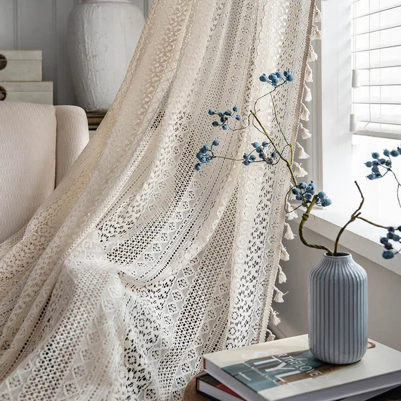 Vintage Boho Macrame Lace Curtain with Tassels | CD1024