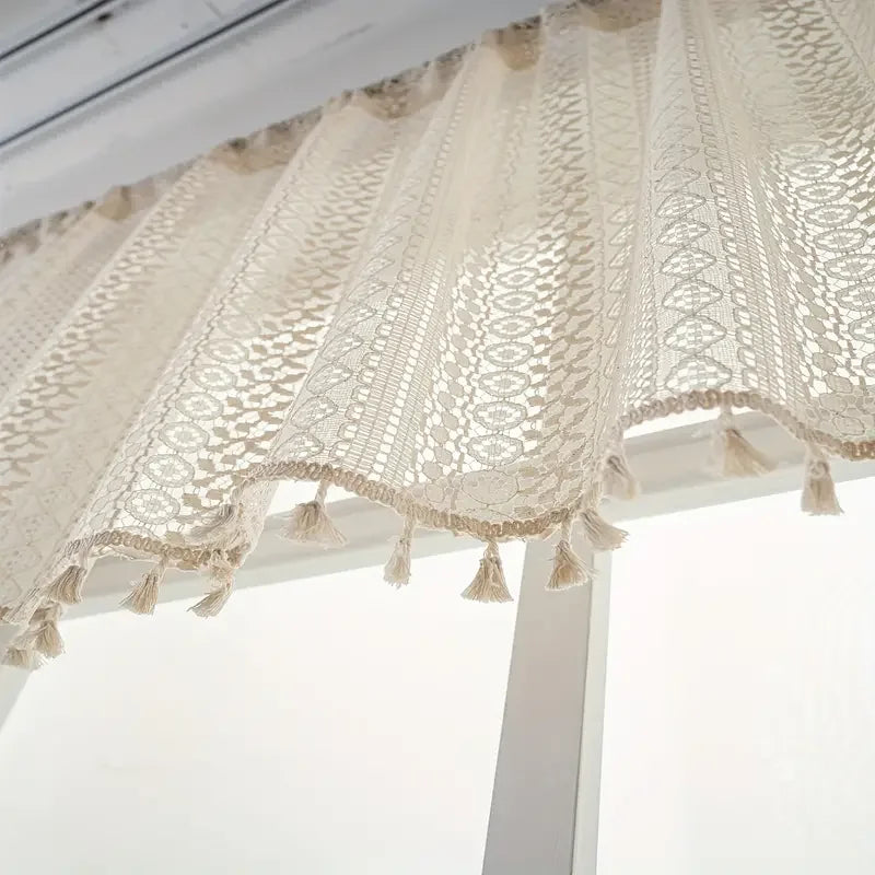 Beige Lace Tassel Cafe Curtain | Circular Pattern Short Valance for Kitchen & Living Room | CD1022