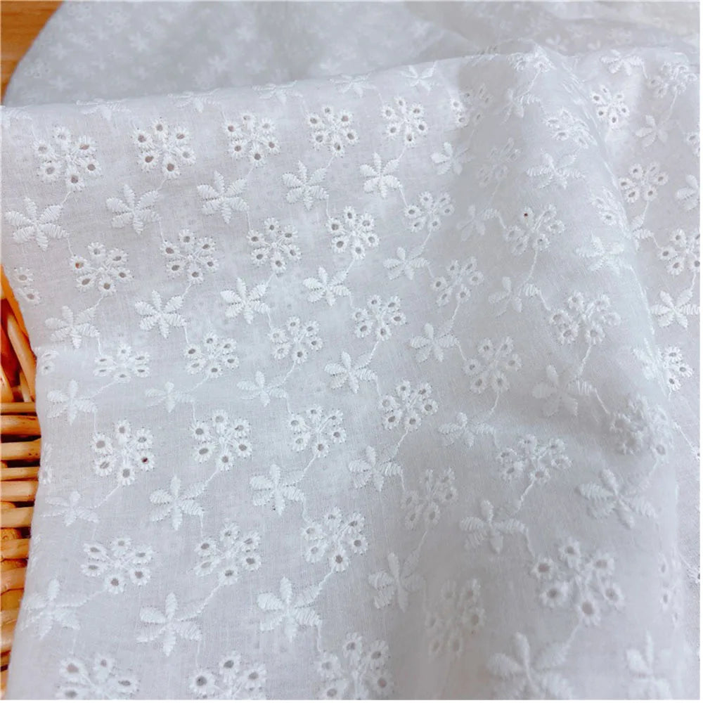 Premium White Floral Embroidery Cotton Fabric, CL1010