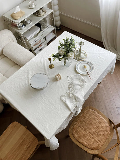 Luxury French Floral Embroidered White Cotton Tablecloth – Handmade Lace Rectangular Cover for Weddings & Dining |