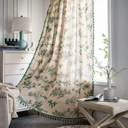 Vintage Farmhouse Bohemian Semi-Sheer Curtain Panel – Linen-Textured with Hollow Crochet & Fringe Tassels | CD1025
