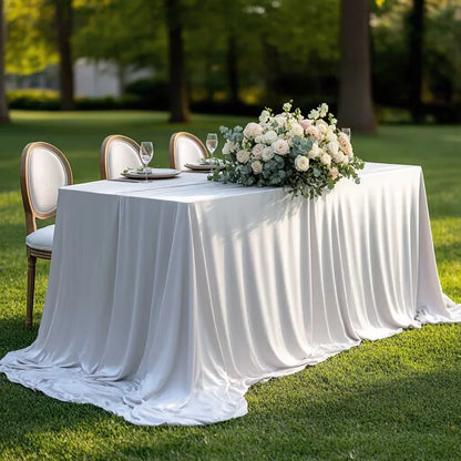 Decorated table with white tablecloth and floral arrangement on grass