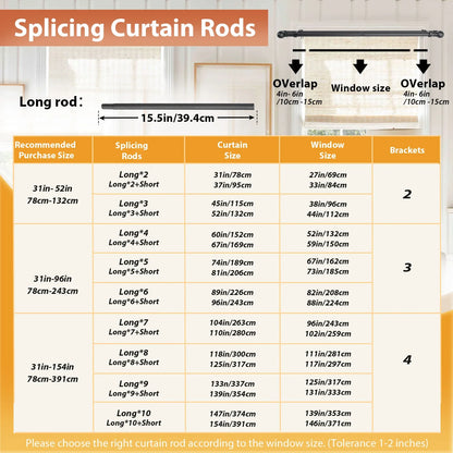 5/8" Black Double Curtain Rod Set – Adjustable Metal Drapery Poles with Brackets for Layered Windows | CH1013