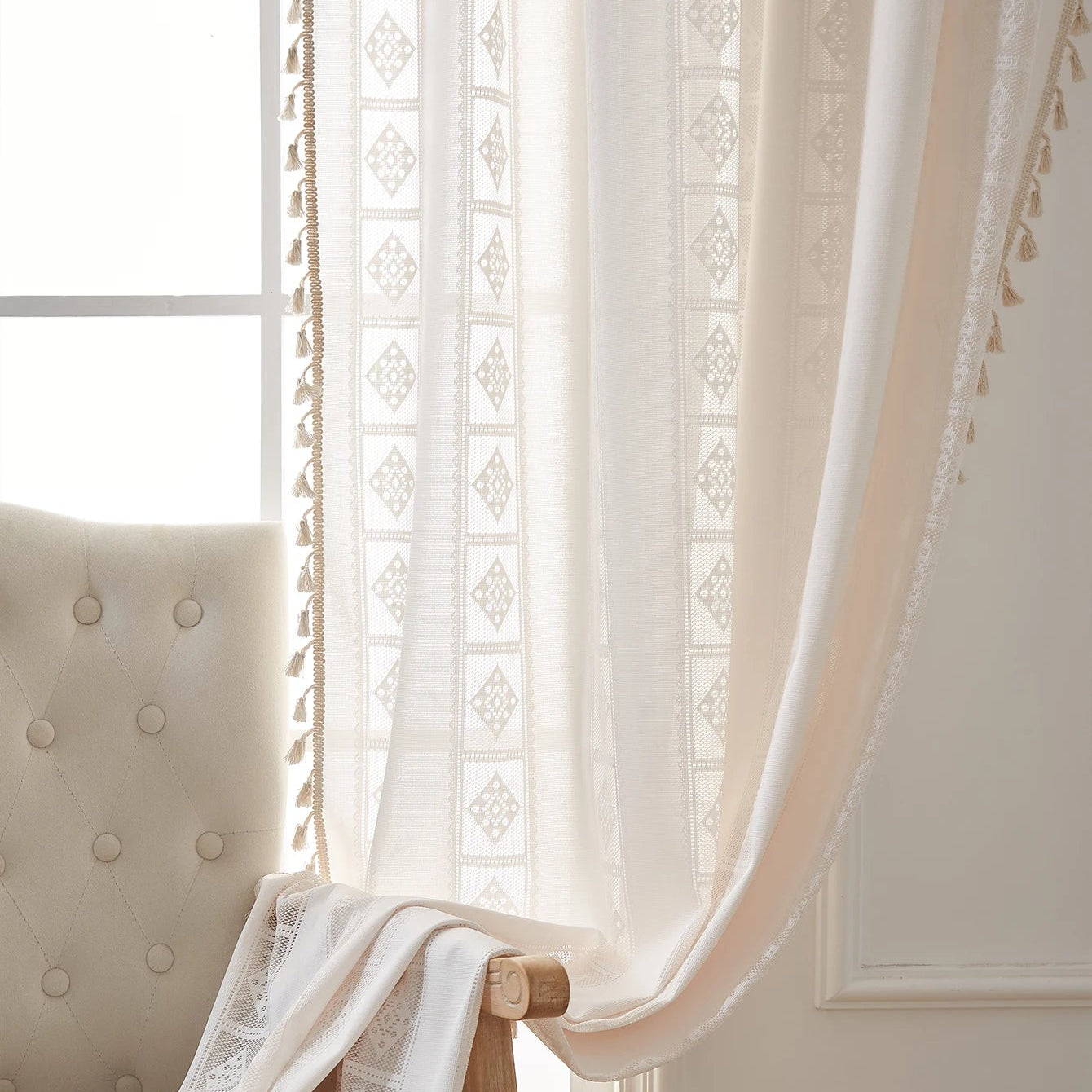 Boho Chic Geometric Crochet Lace Cotton-Blend Curtain Panel with Tassel Fringe, CD1013