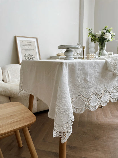 Luxury French Floral Embroidered White Cotton Tablecloth – Handmade Lace Rectangular Cover for Weddings & Dining |