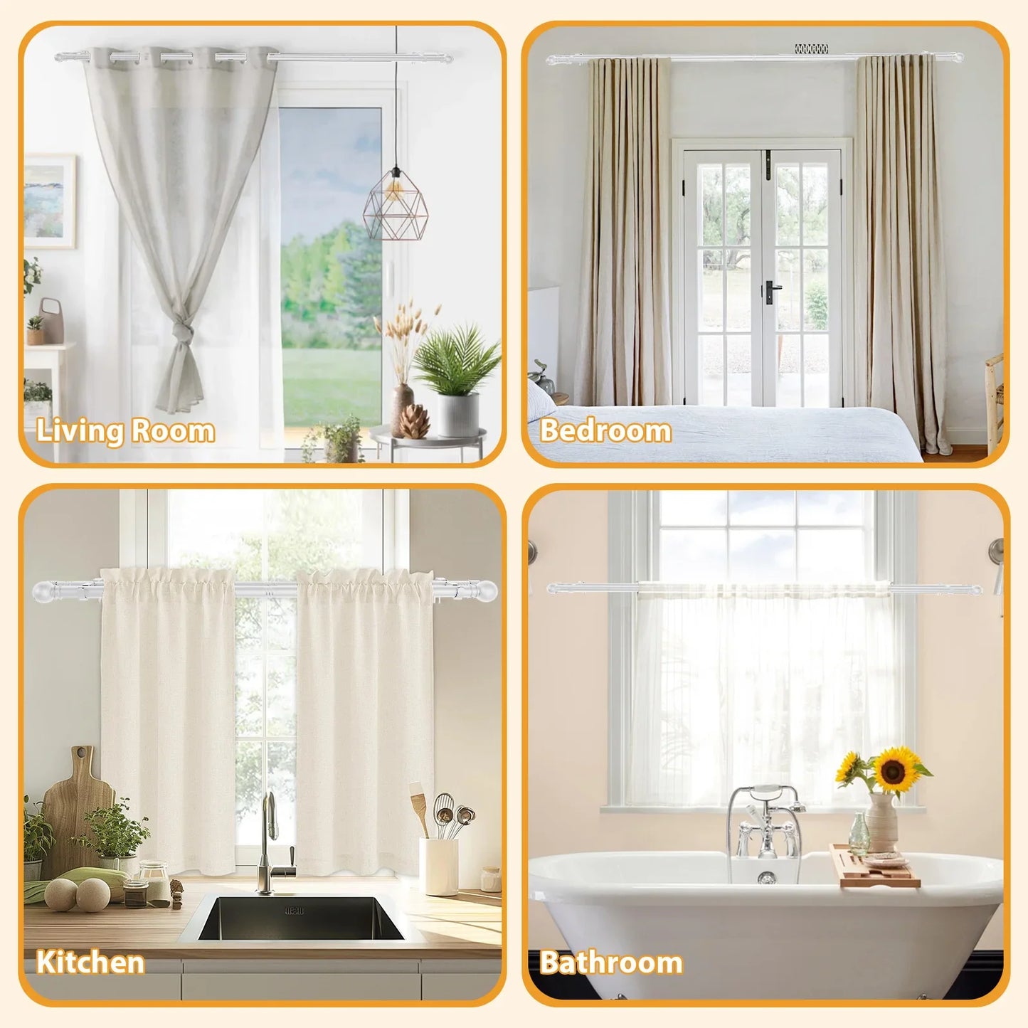 5/8" White Double Curtain Rod Set – Adjustable Metal Drapery Poles with Brackets for Layered Windows | CH1012