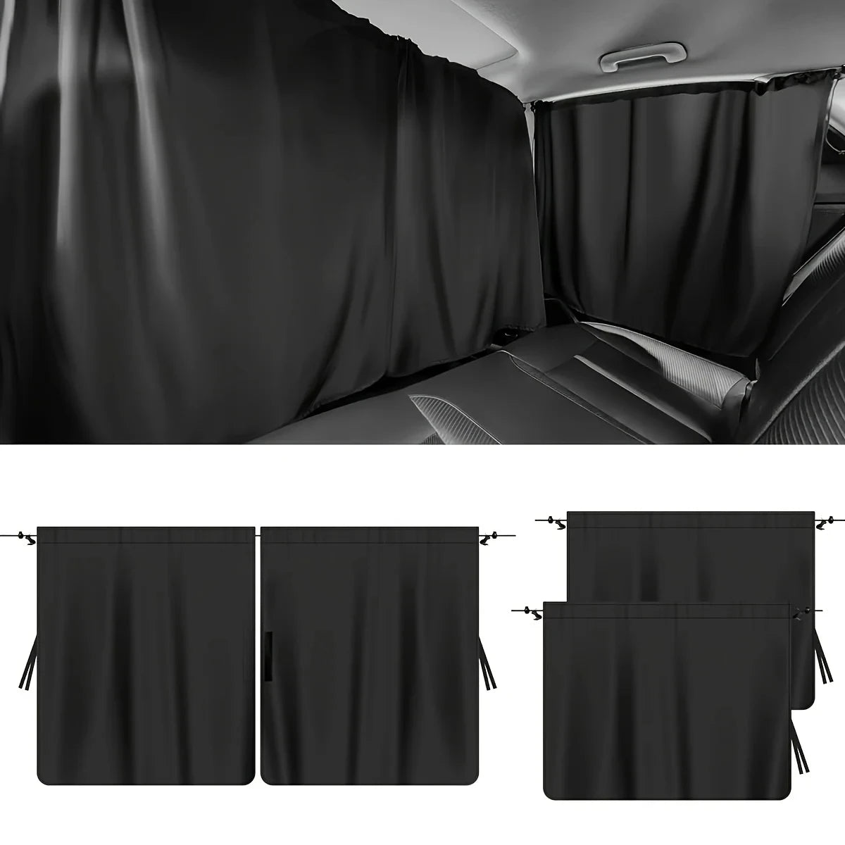 4-Piece Car Privacy Curtain Set | Synthetic Fiber Auto Window Shades for Travel, Napping & Car Camping | Detachable Interior Divider | CD1014