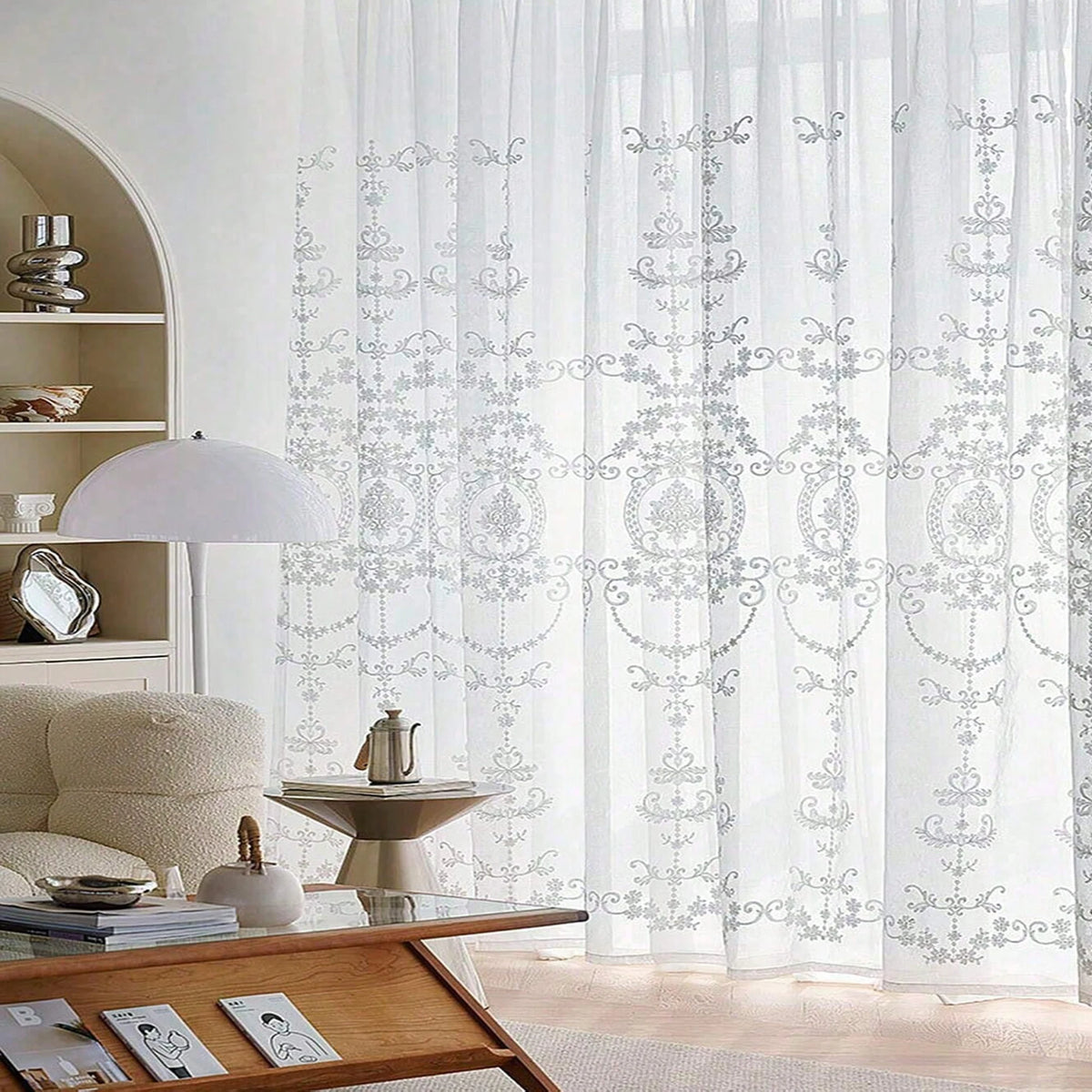Elegant Single Layer Damask Embroidered Sheer Curtain | CD1034