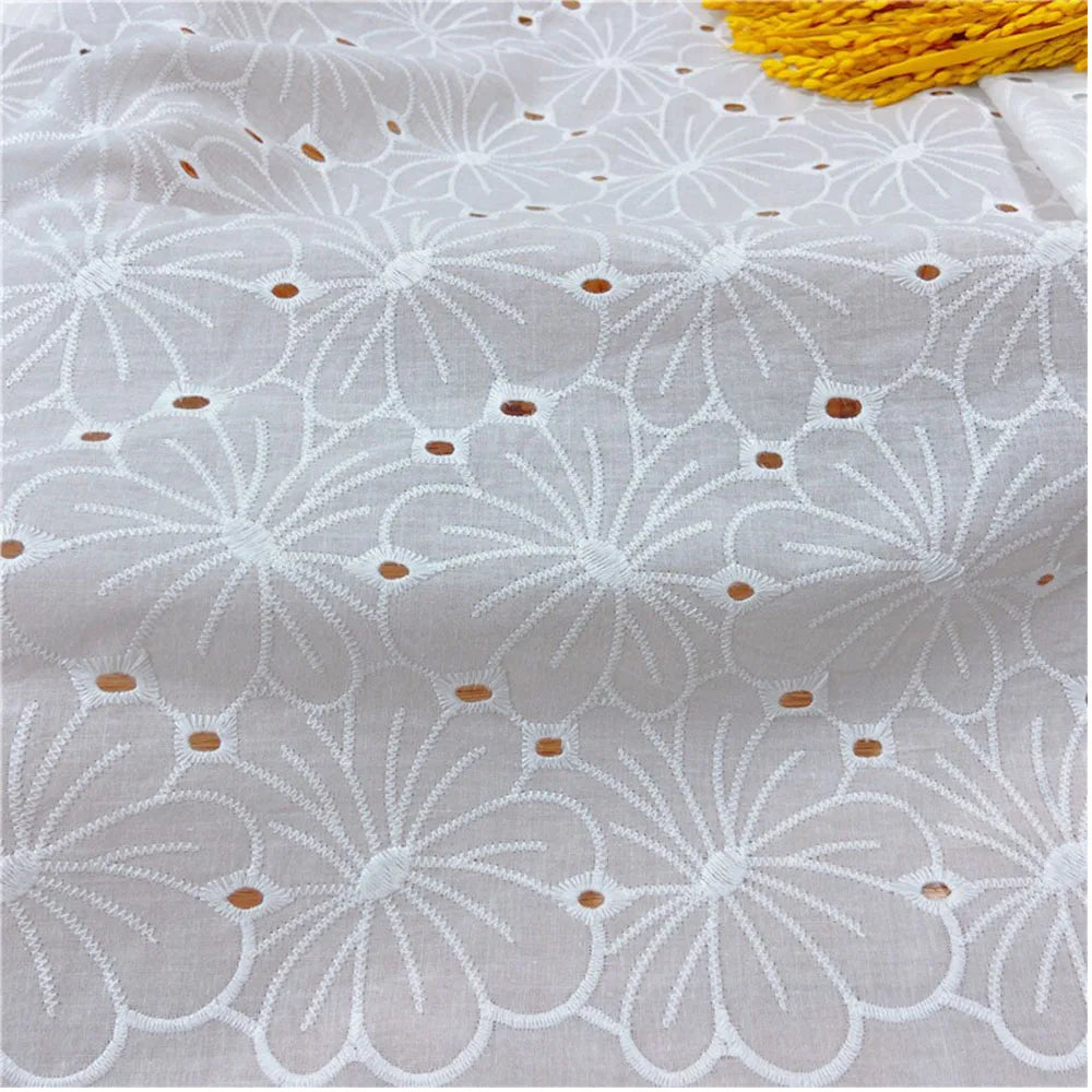 Premium White Floral Embroidery Cotton Fabric, CL1010