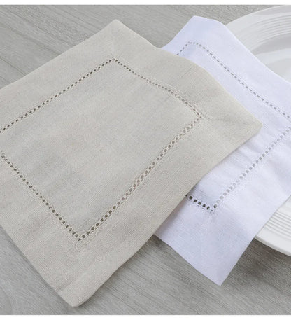 24-Piece Hemstitch Linen Blend Cocktail Napkins | 6x6 Classic White Square Cloths for Weddings, Bar Cart & Minimalist Dining