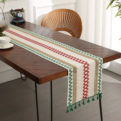 Rustic Knitted Hollow-Out Table Runner with Tassels | CT1007