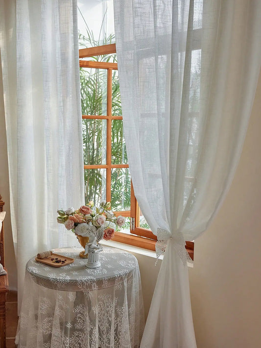 American Pastoral Tie-Top Sheer Curtains – Natural Linen-Textured Translucent Drapes | CD1018