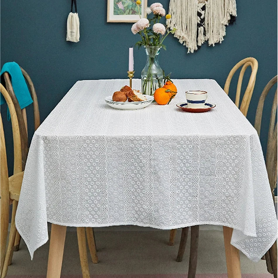 Luxury French Floral Embroidered White Cotton Tablecloth – Handmade Lace Rectangular Cover for Weddings & Dining |