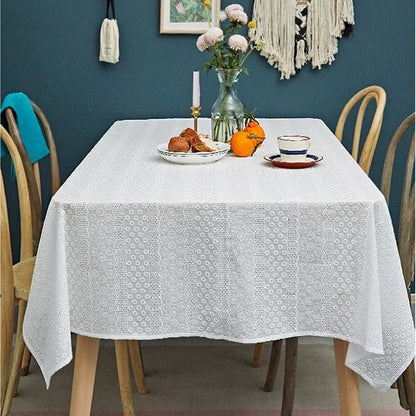 Luxury French Floral Embroidered White Cotton Tablecloth – Handmade Lace Rectangular Cover for Weddings & Dining |