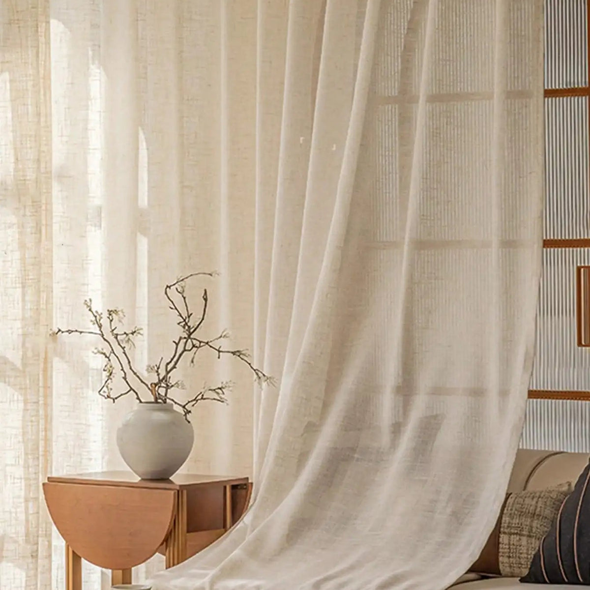 Beige Sheer Minimalist Faux Linen Curtain | CD1039