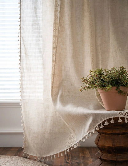 Vintage Farmhouse Bohemian Semi-Sheer Curtain Panel – Linen-Textured with Hollow Crochet & Fringe Tassels | CD1025