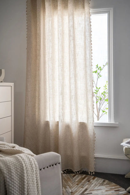 Cream Boho Tassel Window Curtain | 1-Panel Linen-Look Hollow Crochet Drape for Modern Farmhouse & Japandi Living Spaces | CD1021