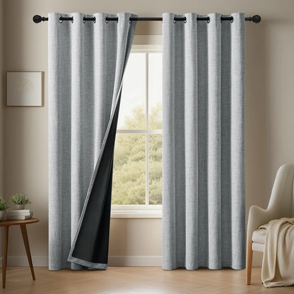 2-Panel Premium Faux Linen Room Darkening Curtains | Double-Layer Solid Window Drapes with Tiebacks for Bedroom & Living Room | CD1020