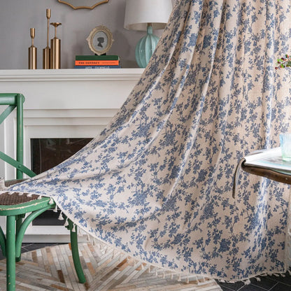 Vintage Farmhouse Bohemian Semi-Sheer Curtain Panel – Linen-Textured with Hollow Crochet & Fringe Tassels | CD1025