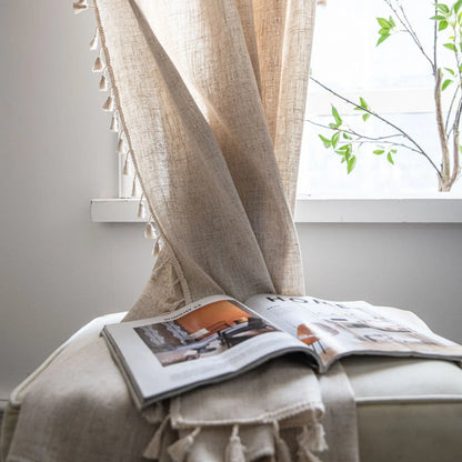 Cream Boho Tassel Window Curtain | 1-Panel Linen-Look Hollow Crochet Drape for Modern Farmhouse & Japandi Living Spaces | CD1021