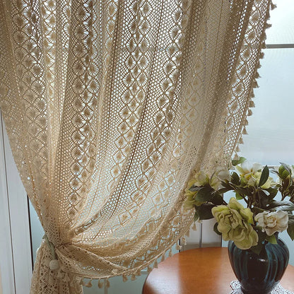 Cream Boho Tassel Window Curtain | 1-Panel Linen-Look Hollow Crochet Drape for Modern Farmhouse & Japandi Living Spaces | CD1021