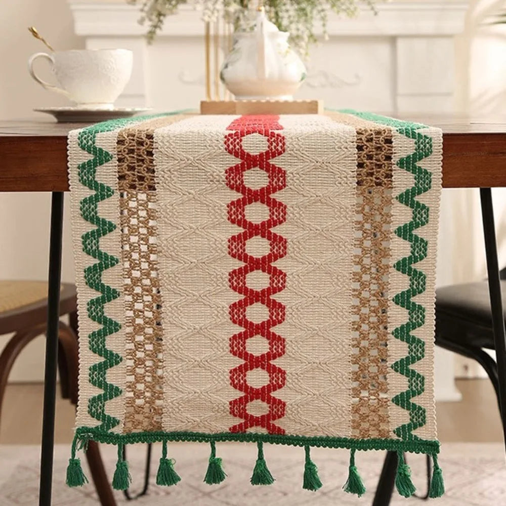 Rustic Knitted Hollow-Out Table Runner with Tassels | CT1007
