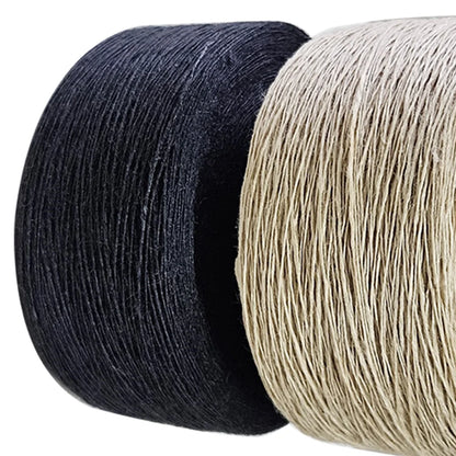 Two spools of braided cord or twine shown close up on a white background, one in black and one in light beige.