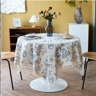 Vintage Floral Cotton Linen Round Tablecloth with Tassels – Washable Rustic Farmhouse Table Cover | CT1002