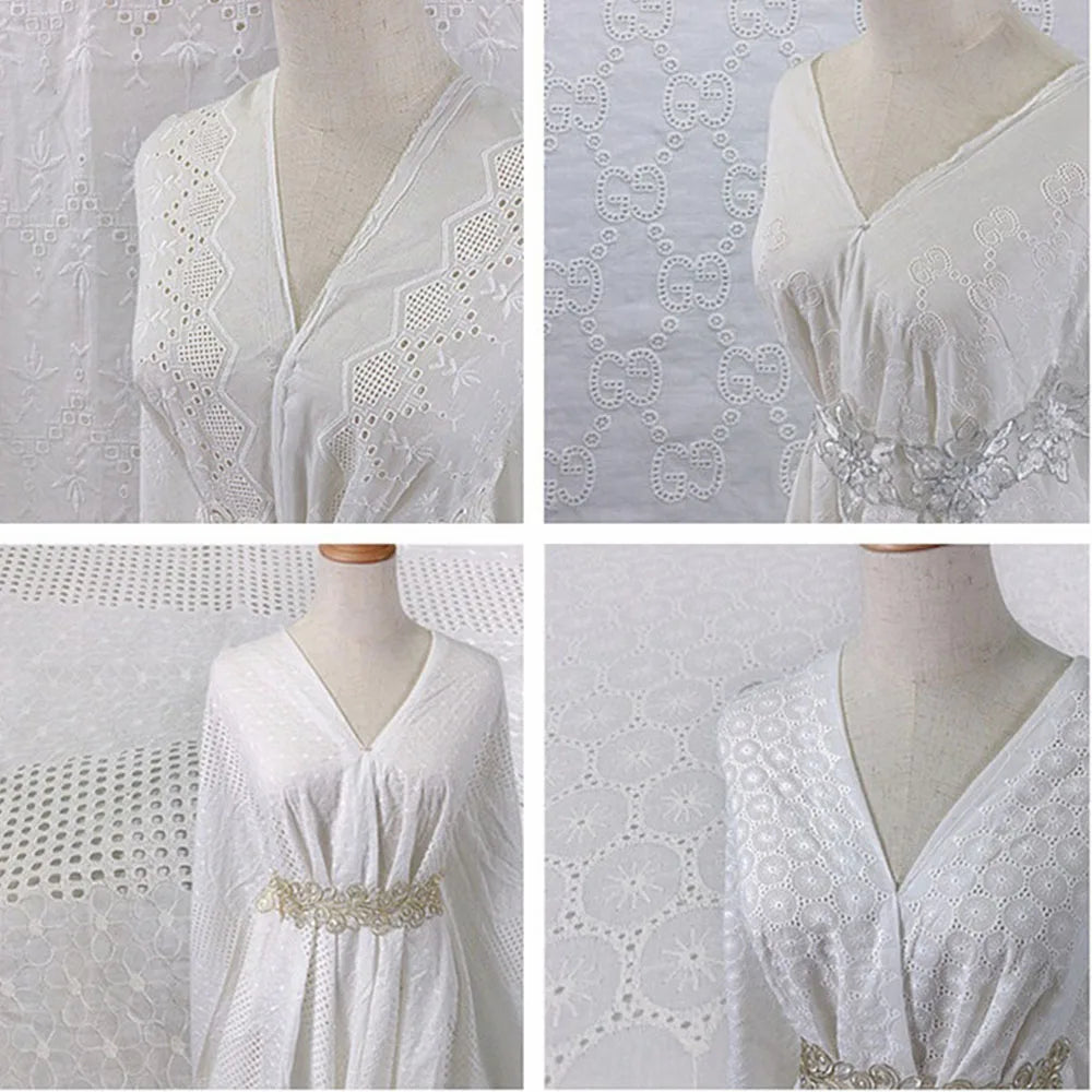 Premium White Floral Embroidery Cotton Fabric, CL1010
