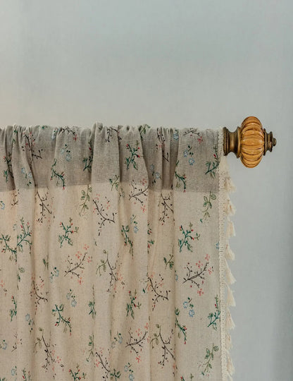 Vintage Farmhouse Bohemian Semi-Sheer Curtain Panel – Linen-Textured with Hollow Crochet & Fringe Tassels | CD1025