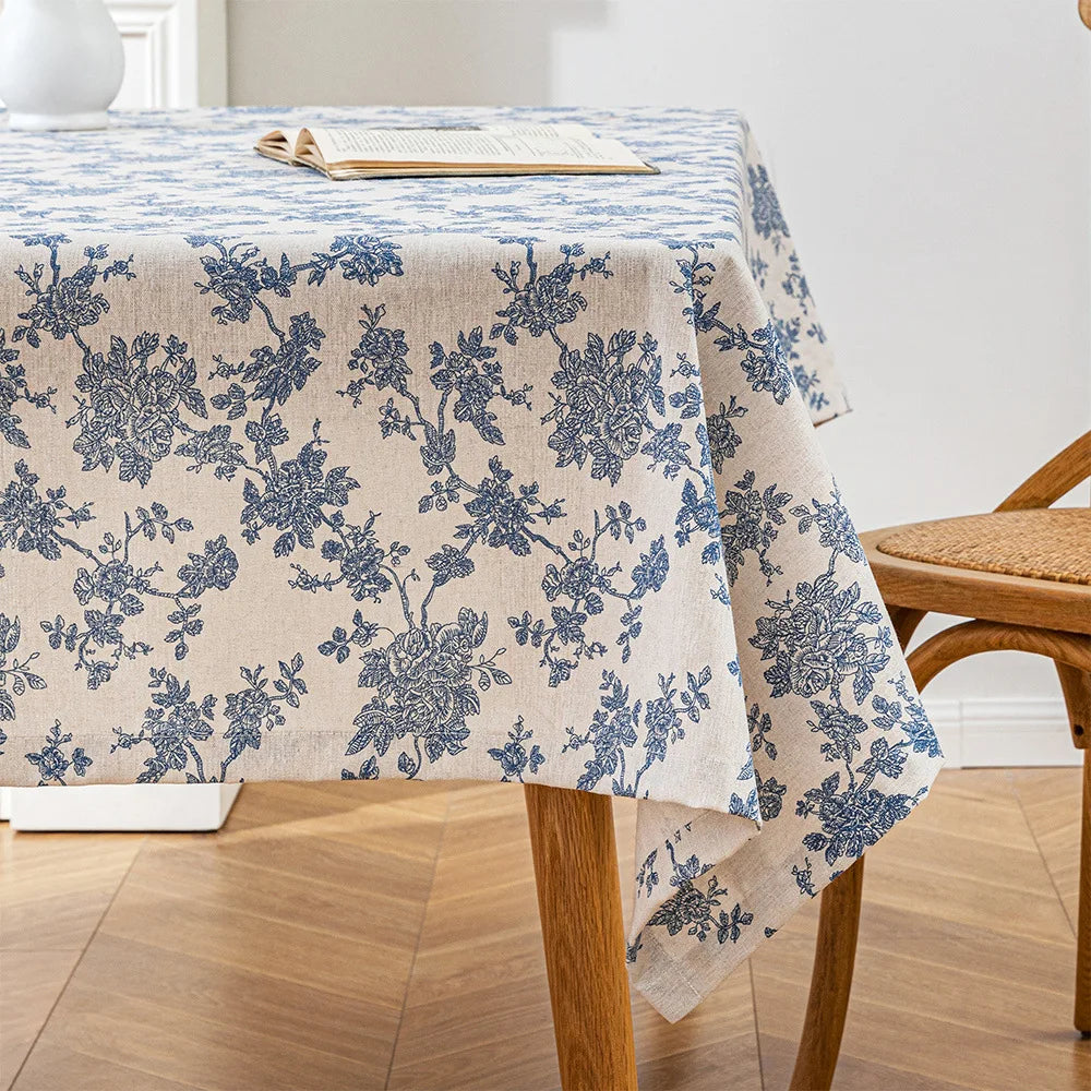 Vintage Floral Cotton Linen Round Tablecloth with Tassels – Washable Rustic Farmhouse Table Cover | CT1002