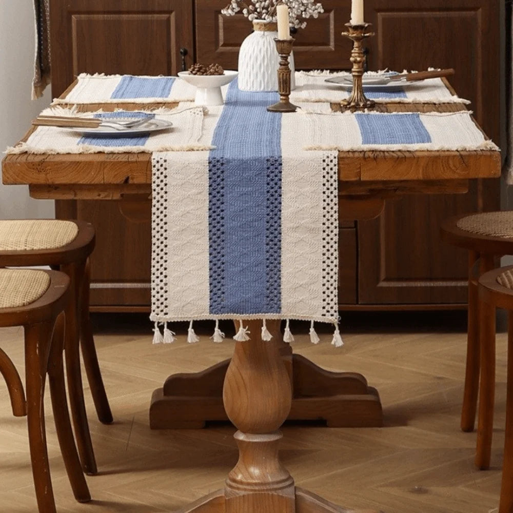 Rustic Knitted Hollow-Out Table Runner with Tassels | CT1007