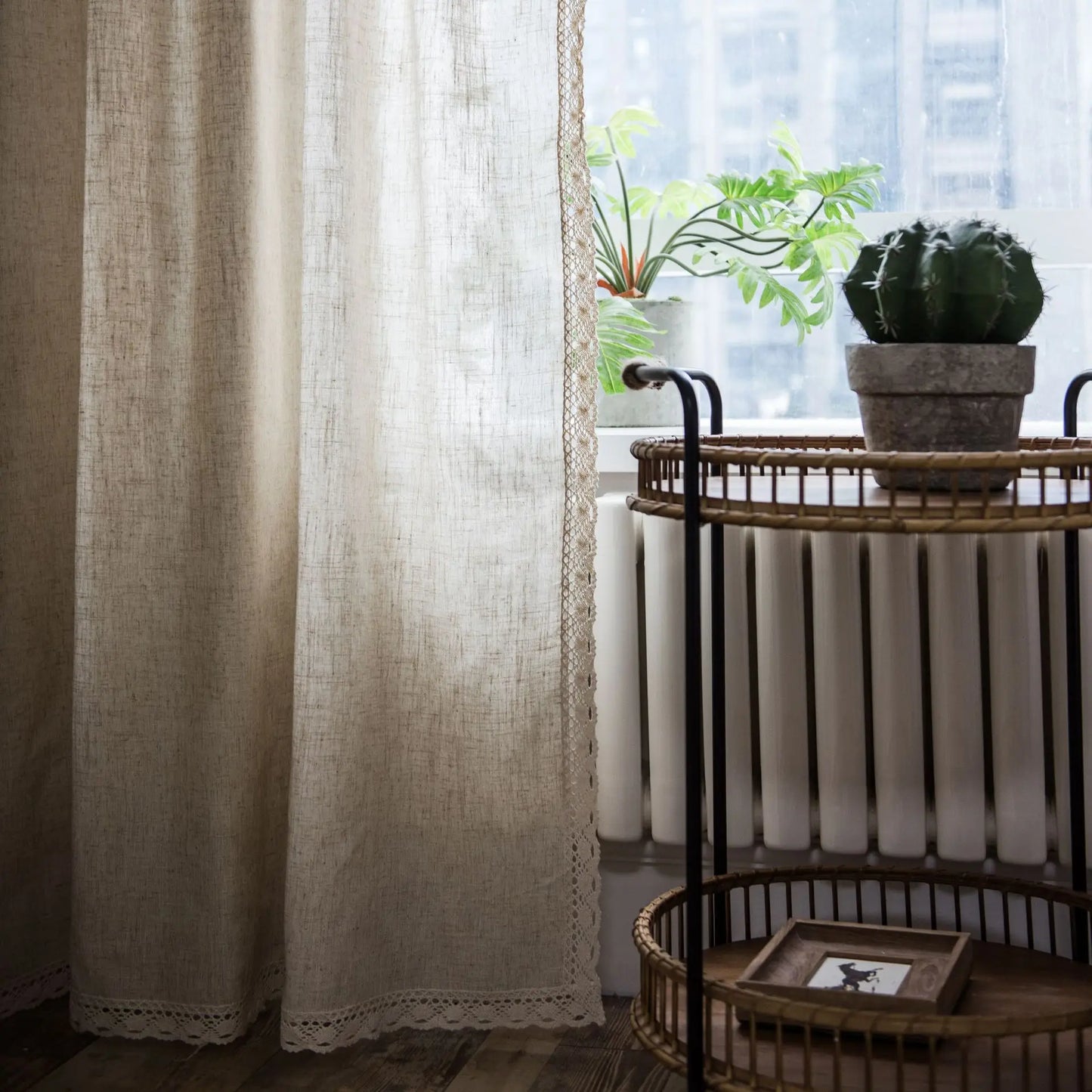 Cream Boho Tassel Window Curtain | 1-Panel Linen-Look Hollow Crochet Drape for Modern Farmhouse & Japandi Living Spaces | CD1021