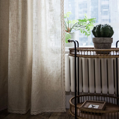 Cream Boho Tassel Window Curtain | 1-Panel Linen-Look Hollow Crochet Drape for Modern Farmhouse & Japandi Living Spaces | CD1021