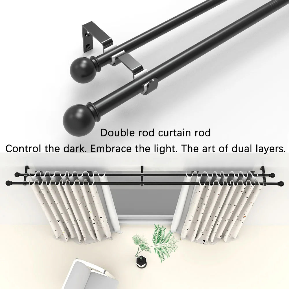 Adjustable Black Double Curtain Rod Set (60"-132") – Heavy Duty Dual Metal Pole | CH1011