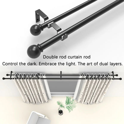 Adjustable Black Double Curtain Rod Set (60"-132") – Heavy Duty Dual Metal Pole | CH1011