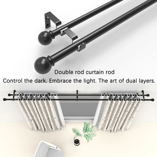 Adjustable Black Double Curtain Rod Set (60"-132") – Heavy Duty Dual Metal Pole | CH1011